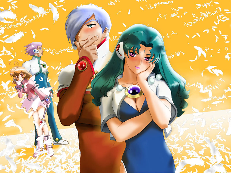 1990s_(style), 2boys, 2girls, corrector_anty, corrector_control, corrector_synchro, corrector_yui, fuzuki_hajime, kasuga_yui, multiple_boys, multiple_girls, orange_background, synchro_(corrector_yui)