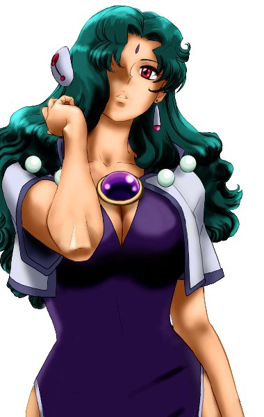 1990s_(style), 1girl, aqua_hair, bindi, breasts, cleavage, corrector_anty, corrector_yui, curly_hair, curvy, dress, earrings, female_focus, fuzuki_hajime, hair_over_one_eye, jewelry, jpeg_artifacts, long_hair, red_eyes, retro_artstyle, simple_background, solo