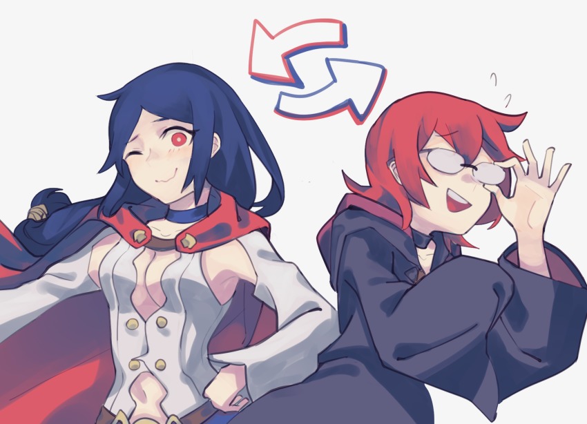 2girls, adjusting_eyewear, arrow_(projectile), blue_hair, blush, breasts, cape, chariot_du_nord, cleavage, cosplay, costume_switch, dress, dual_persona, glasses, highres, little_witch_academia, long_hair, multiple_girls, red_eyes, red_hair, shiny_chariot, short_hair, side_ponytail, spoilers, ursula_callistis, vento, witch
