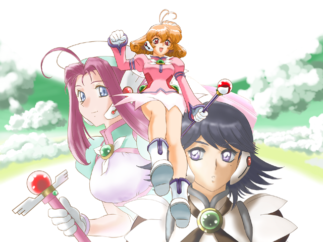 1990s_(style), 3girls, ahoge, corrector_yui, fuzuki_hajime, kasuga_yui, kisaragi_haruna, legs