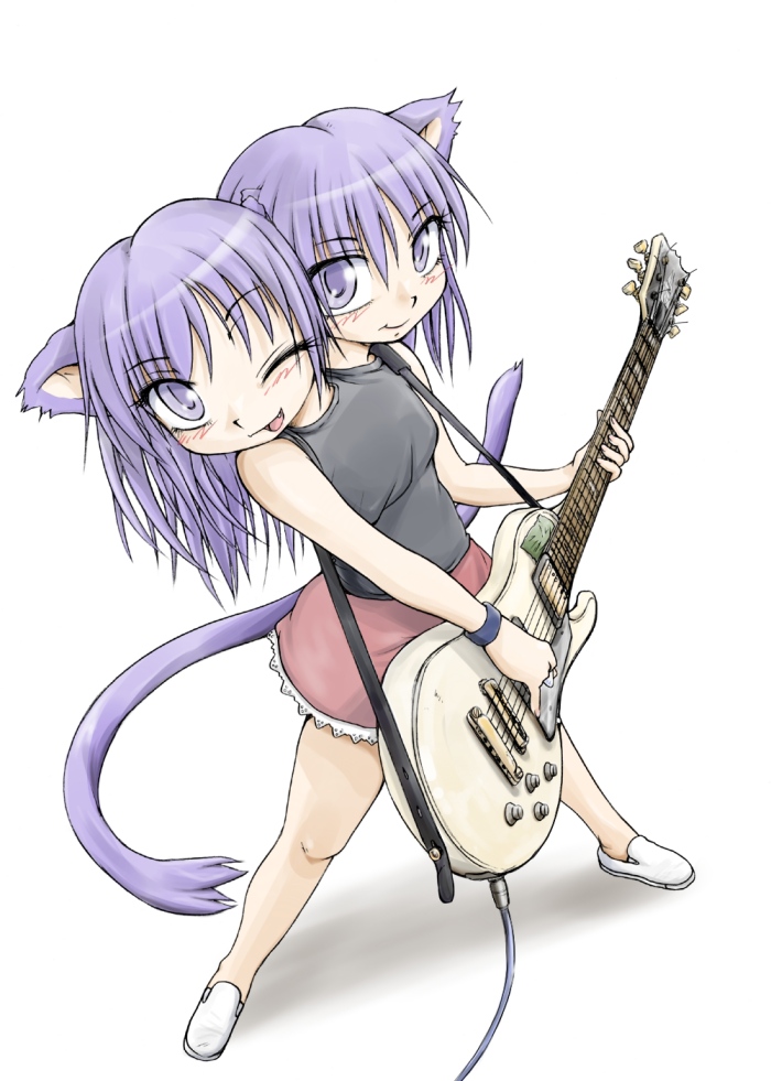 2girls, agent_orange, animal_ears, aor_saiun, cat_ears, cat_tail, conjoined, guitar, instrument, multiple_heads, multiple_girls, nene_koko, one_eye_closed, original, purple_eyes, purple_hair, simple_background, skirt, tail, white_background, wink