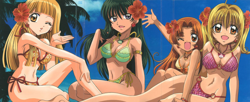 00s, 4girls, bikini, blonde_hair, blue_eyes, blunt_bangs, bracelet, brown_eyes, brown_hair, coco_(mermaid_melody_pichi_pichi_pitch), crease, earrings, floral_print, flower, green_hair, hibiscus, jewelry, long_hair, makida_kazuaki, mermaid_melody_pichi_pichi_pitch, multiple_girls, nanami_lucia, necklace, o-ring, o-ring_bikini, one_eye_closed, plaid_bikini, plaid_clothes, scan, seira_(mermaid_melody_pichi_pichi_pitch), side-tie_bikini_bottom, swimsuit, touin_rina, wink