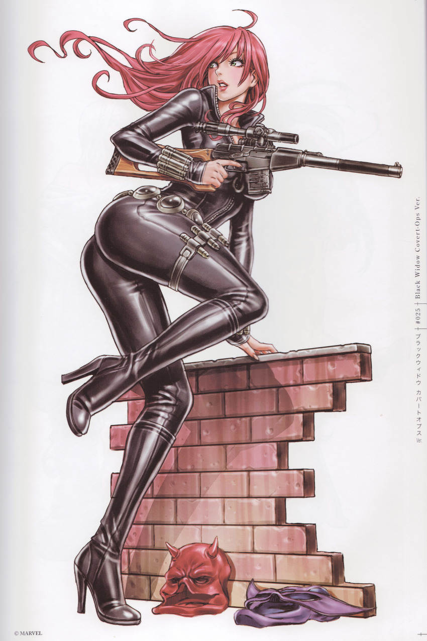 1girl, absurdres, animification, ass, black_widow, bodysuit, boots, brick_wall, catsuit, character_name, green_eyes, gun, high_heel_boots, high_heels, highres, integral_suppressor, integrally-suppressed_firearm, kotobukiya, kotobukiya_bishoujo, long_hair, looking_back, marvel, mask, natasha_romanoff, non-web_source, official_art, red_hair, rifle, running_bond, shoes, skin_tight, sniper_rifle, suppressor, toz_(tulsky_oruzheiny_zavod), tsniitochmash, tula_arms_plant, vss_vintorez, weapon, yamashita_shun'ya