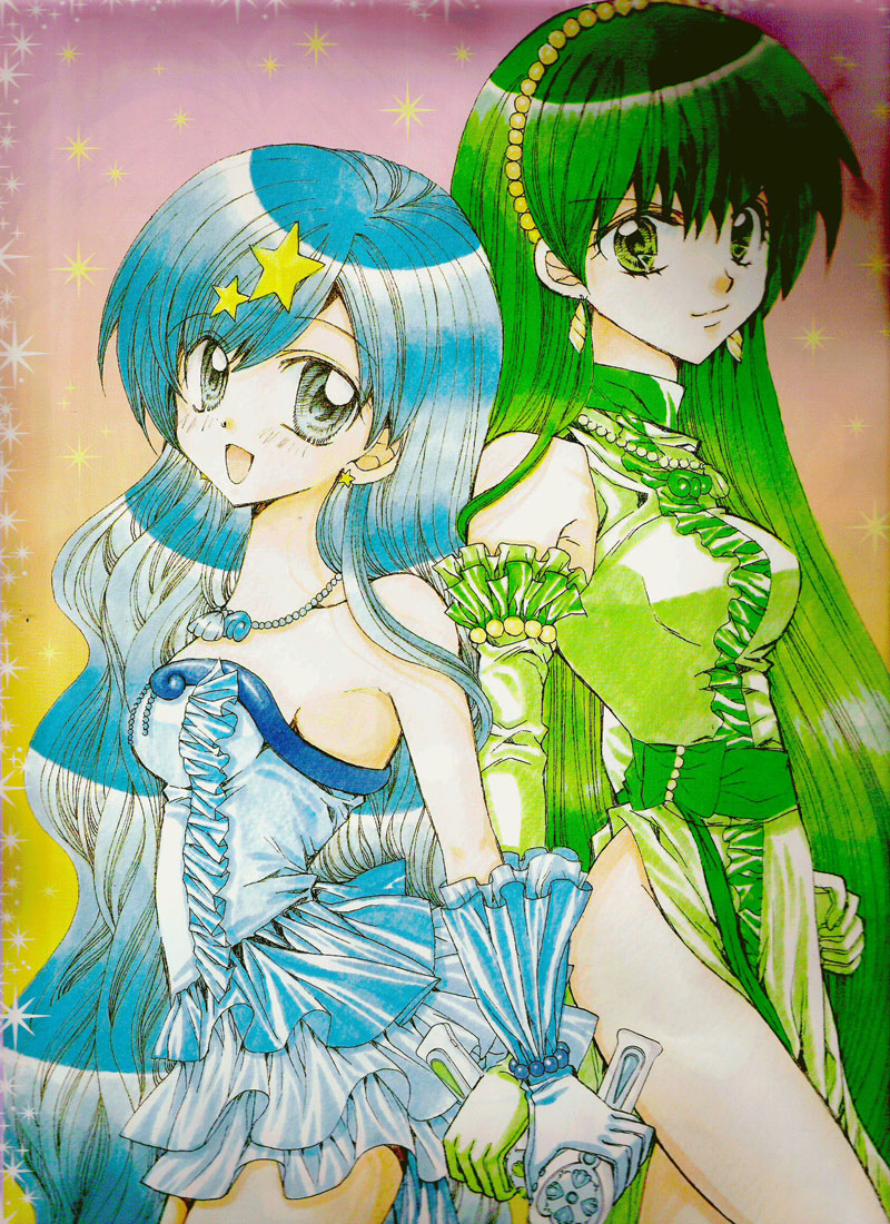 00s, 2girls, :d, armpits, back-to-back, bare_shoulders, beads, blue_eyes