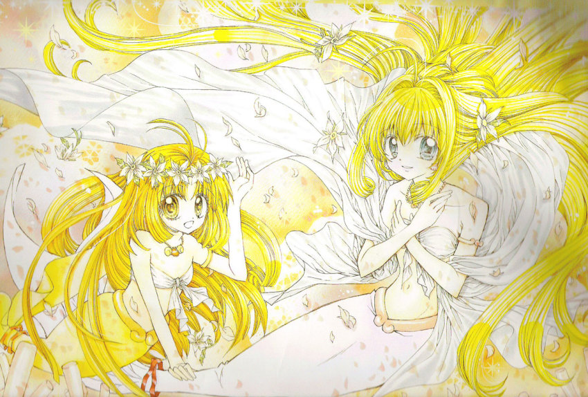 00s, 2girls, :d, ahoge, antenna_hair, armlet, bandeau, bare_shoulders