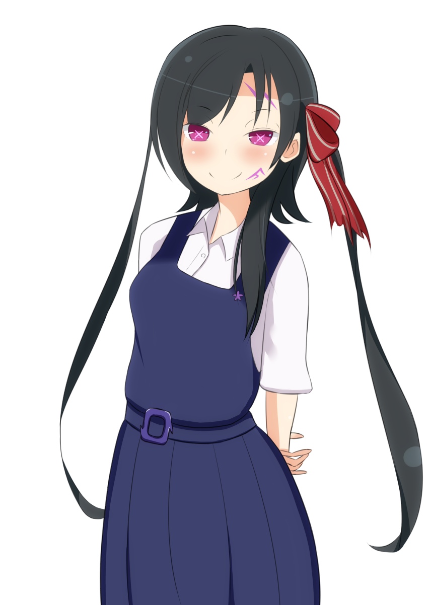 +_+, 1girl, absurdres, alternate_costume, arm_behind_back, black_hair, blue_skirt, bow