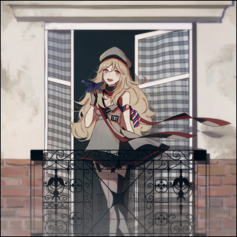 10s, 1girl, armband, bad_id, bad_pixiv_id, balcony, bare_shoulders, beret, blonde_hair, blue_flower, blush, breasts, cleavage, curtains, female_focus, flower, garter_straps, hat, kantai_collection, long_hair, mitar, mole, mole_under_eye, open_mouth, plaid_curtains, pom_pom_(clothes), richelieu_(kancolle), skirt, smile, solo, thighhighs, window, yellow_eyes