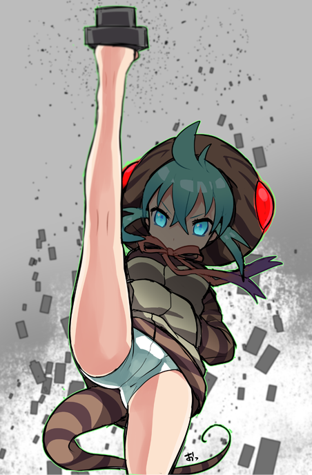 10s, 1girl, animal_print, aqua_eyes, aqua_hair, female_focus, gradient_ribbon, hands_in_pockets, hood, hoodie, kemono_friends, kzouzou, leg_up, legs, long_sleeves, looking_at_viewer, panties, pantyshot, ribbon, slippers, snake_tail, solo, tail, tsuchinoko_(kemono_friends), underwear, white_panties