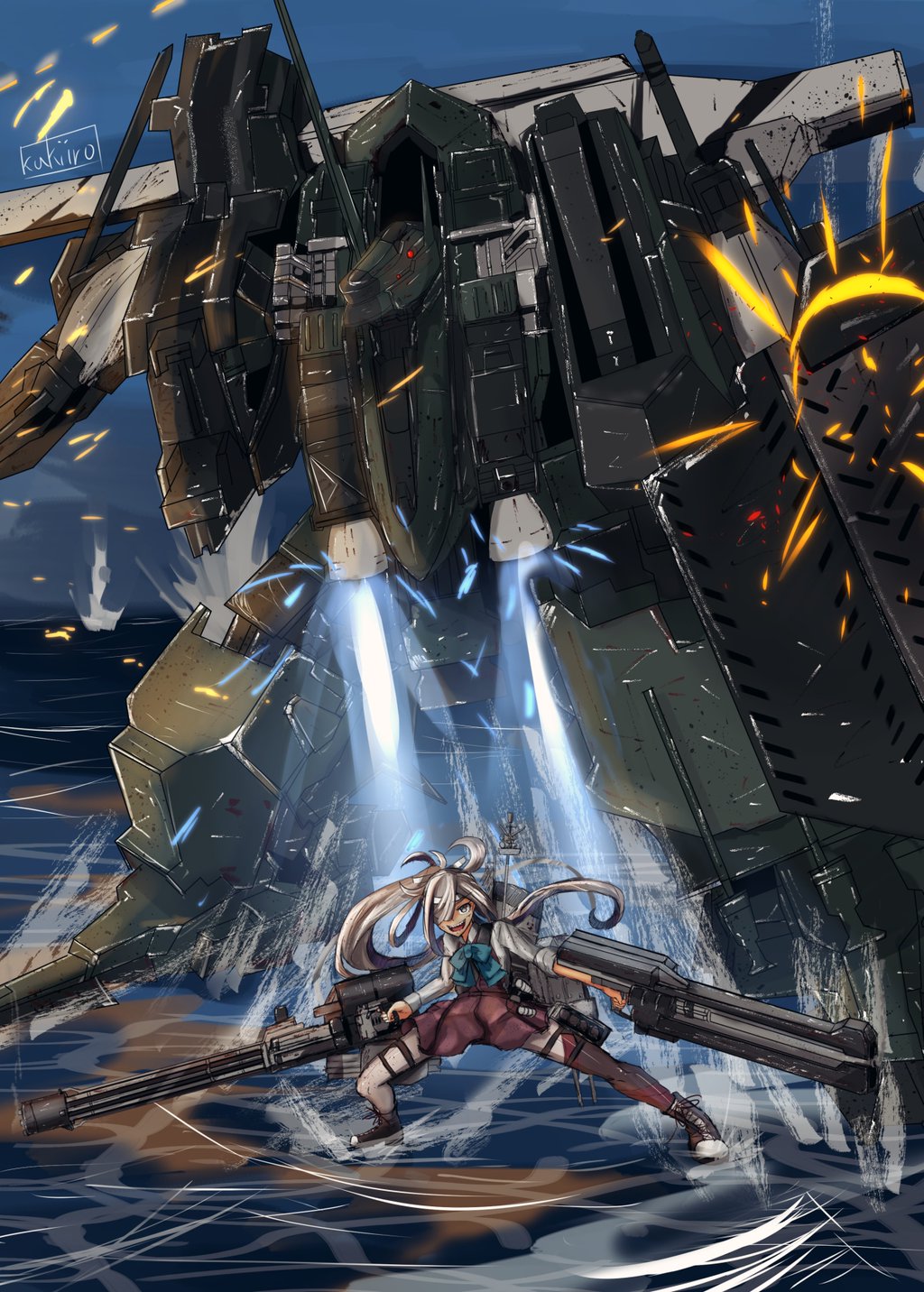 10s, 1girl, armored_core, artist_name, asashimo_(kancolle), bow, bowtie, commentary_request