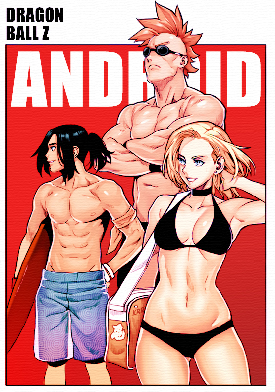 1girl, 2boys, abs, adjusting_hair, android_16, android_17, android_18, bikini, black_bikini, black_hair, blonde_hair, blue_male_swimwear, blue_swim_trunks, border, breasts, brother_and_sister, choker, copyright_name, crossed_arms, dragon_ball, dragonball_z, gradient_male_swimwear, gradient_swimsuit, male_swimwear, mohawk, multicolored_male_swimwear, multicolored_swim_trunks, multicolored_swimsuit, multiple_boys, muscular, navel, orange_hair, print_male_swimwear, print_swim_trunks, print_swimsuit, psychicjin, purple_male_swimwear, purple_swim_trunks, red_background, short_hair, siblings, smile, stomach, sunglasses, surfboard, swim_trunks, swimsuit, toned, white_border, wristband