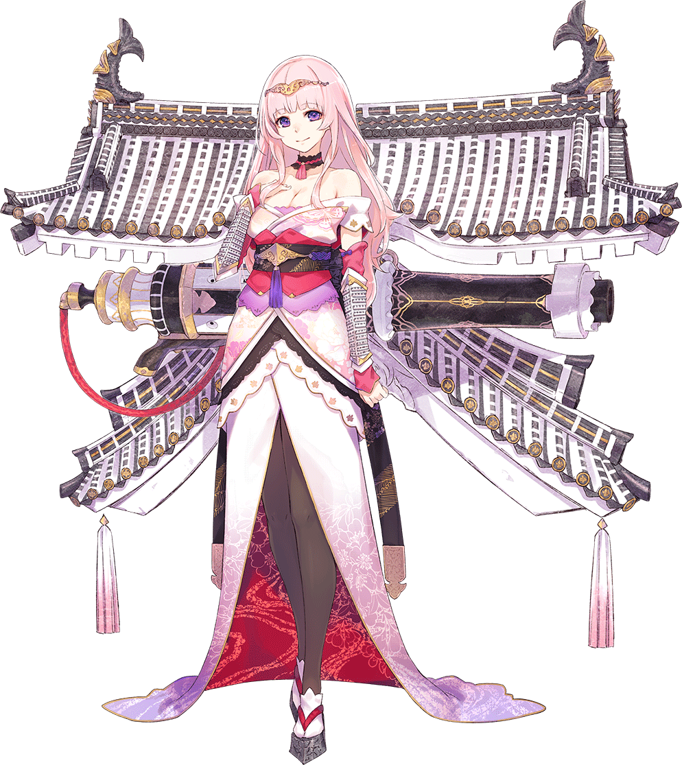 1girl, architecture, bare_shoulders, breasts, castle, cleavage, detached_sleeves, east_asian_architecture