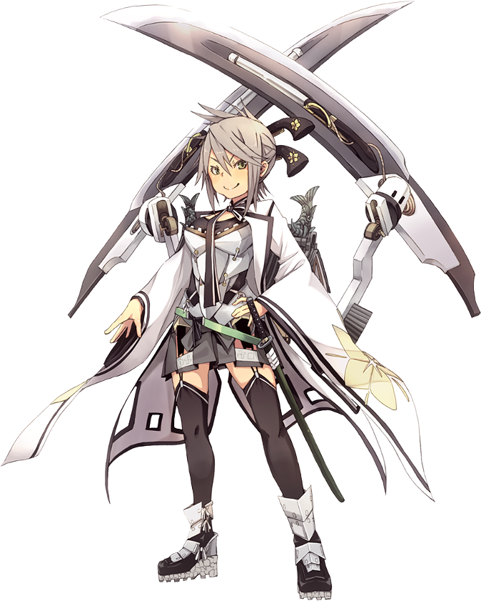 >:), 1girl, black_thighhighs, dual_wielding, female_focus, folded_hair, fu-ta, full_body