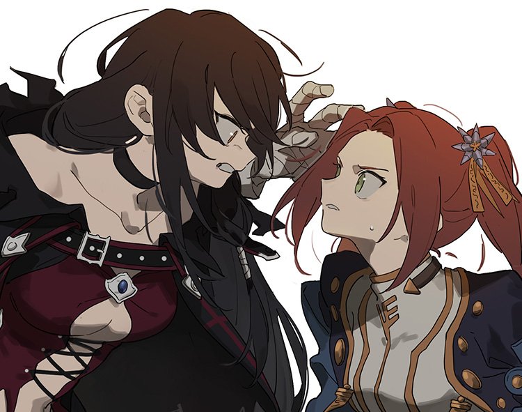 2girls, ahn, bandages, black_hair, black_neckwear, choker, collarbone, eleanor_hume, gloves, green_eyes, hair_ornament, long_hair, multiple_girls, pink_hair, polearm, red_hair, spear, tales_of_(series), tales_of_berseria, torn_clothes, twintails, velvet_crowe, weapon, white_background, yellow_eyes