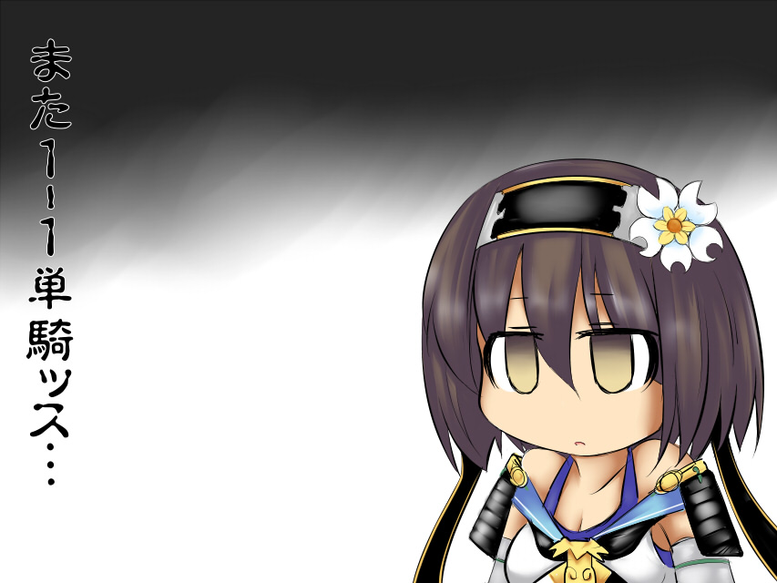 1girl, bare_shoulders, breasts, brown_eyes, brown_hair, cleavage, detached_sleeves, empty_eyes