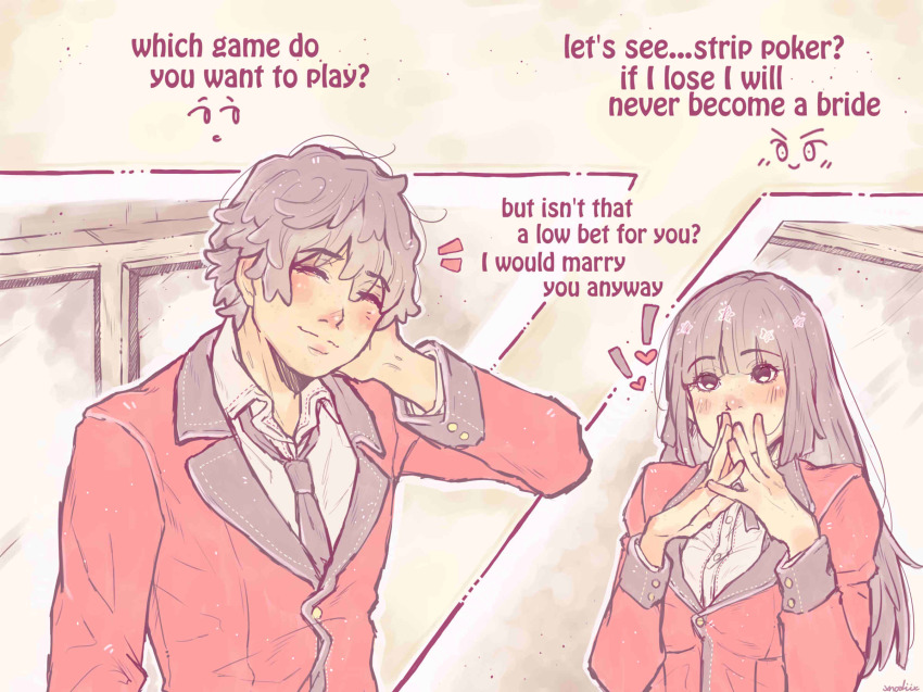 !, 1boy, 1girl, black_hair, blush, brown_hair, english_text, closed_eyes