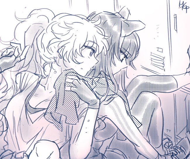 2girls, blake_belladonna, bow, breasts, cleavage, fingerless_gloves, gloves, hair_bow