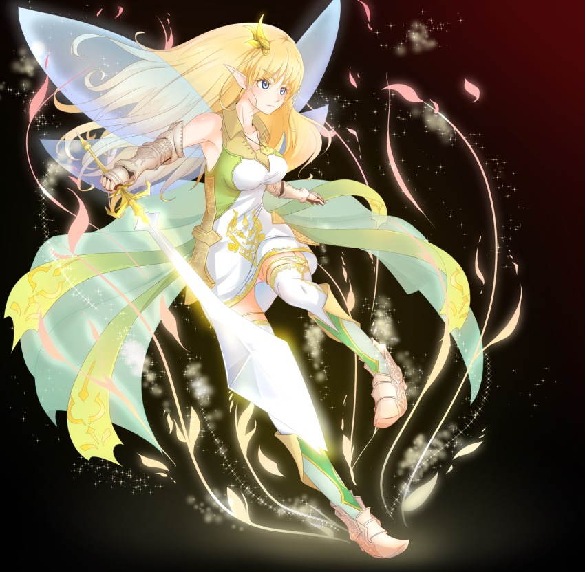 1girl, blonde_hair, blue_eyes, boots, elf, fairy_wings, female_focus, full_body