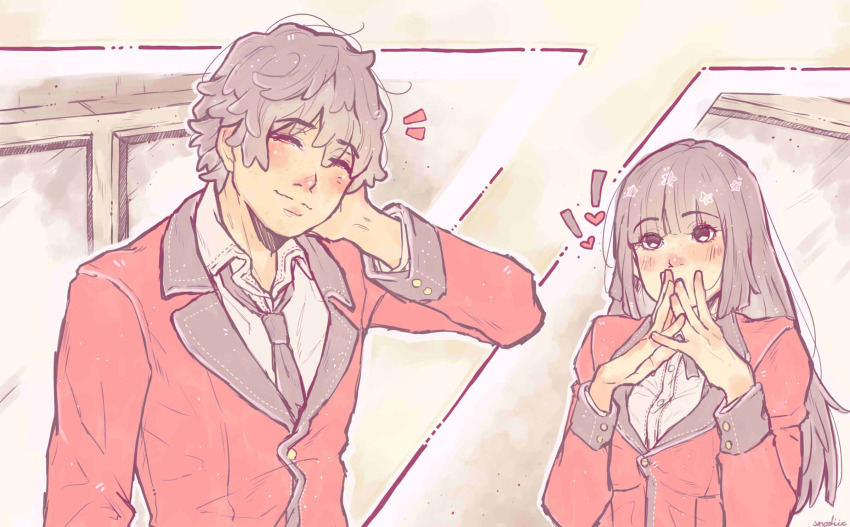 1boy, 1girl, black_hair, blush, brown_hair, closed_eyes, formal_clothes, highres