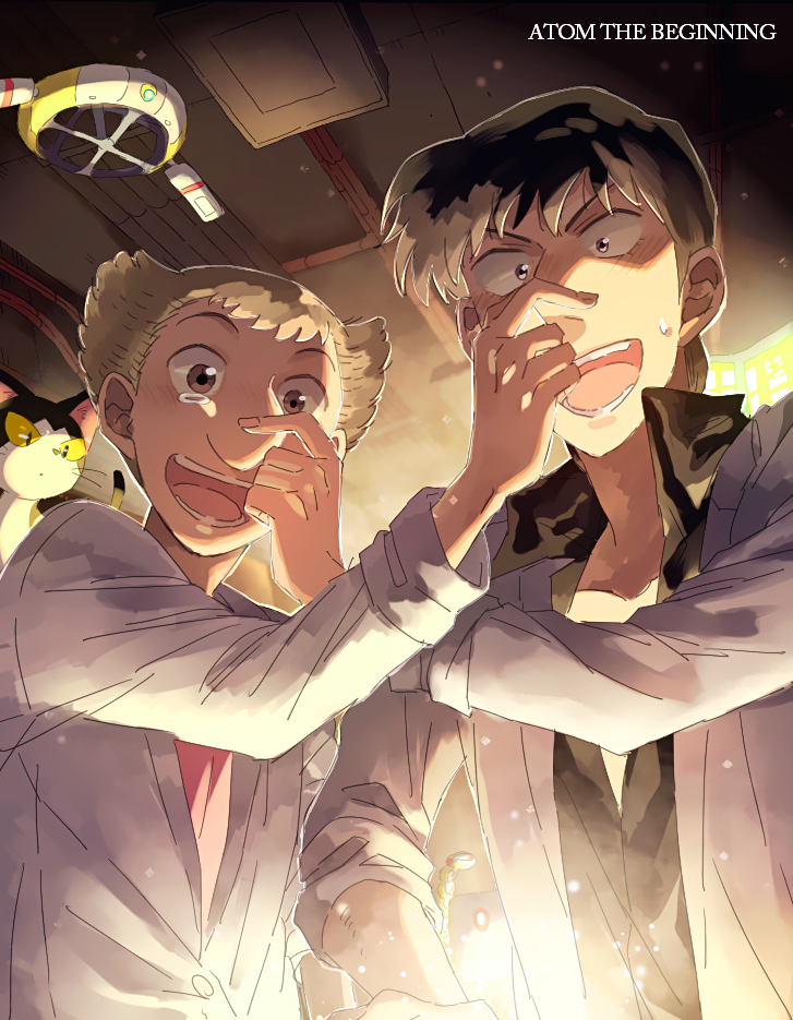 2boys, atom:_the_beginning, large_nose, black_hair, brown_eyes, brown_hair, cat, copyright_name