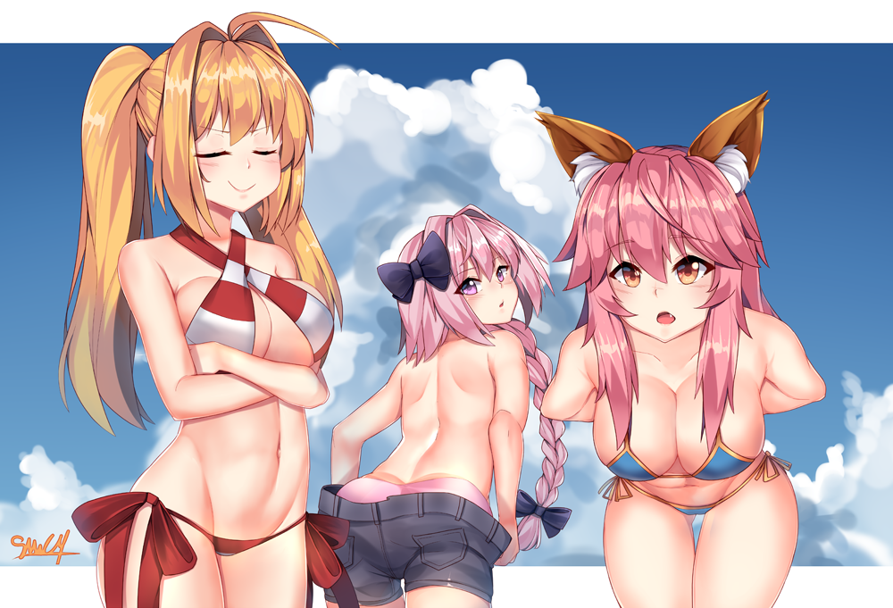 1boy, 2girls, ahoge, animal_ears, ass, astolfo_(fate), back, bare_back