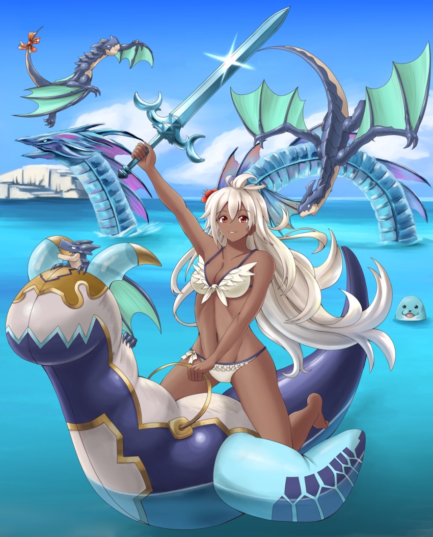 1girl, bad_id, bad_pixiv_id, barefoot, bikini, bow, breasts, collarbone, commentary_request, dark-skinned_female, dark_skin, day, dragon, flower, frilled_bikini, frills, front-tie_top, full_body, glint, granblue_fantasy, groin, haido_(ryuuno_kanzume), hair_between_eyes, hair_flower, hair_ornament, highres, holding, holding_sword, holding_weapon, inflatable_toy, leviathan_(granblue_fantasy), long_hair, medium_breasts, outdoors, outstretched_arm, parted_lips, profile, red_eyes, sky, smile, sparkle, swimsuit, sword, tail, tail_bow, tail_ornament, very_long_hair, water, weapon, white_bikini, zooey_(granblue_fantasy), zooey_(summer)_(granblue_fantasy)
