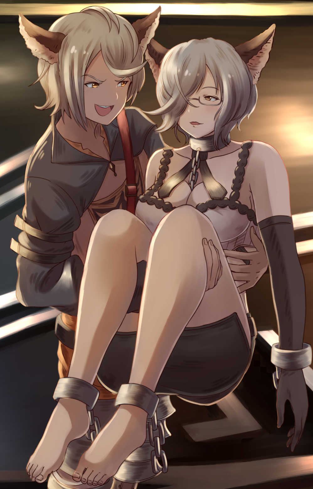 >:d, 1boy, 1girl, :d, animal_ears, arm_at_side, bad_id, bad_pixiv_id, barefoot, black_gloves, breasts, brown_eyes, carrying, collar, collarbone, cuffs, elbow_gloves, erune, freesia_(granblue_fantasy), glasses, gloves, granblue_fantasy, grey_hair, haido_(ryuuno_kanzume), hair_over_one_eye, highres, large_breasts, looking_at_another, open_mouth, parted_lips, princess_carry, semi-rimless_eyewear, shackles, short_hair, smile, standing, tomoi_(granblue_fantasy), under-rim_eyewear, v-shaped_eyebrows