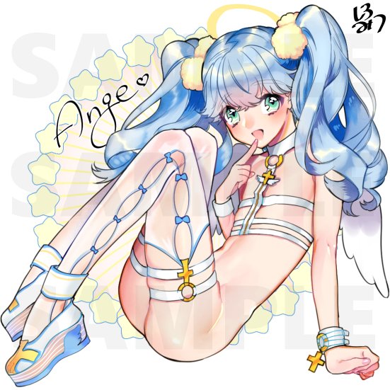 1boy, :d, angel, angel_wings, ankle_boots, aqua_eyes, bare_arms, bare_shoulders, blue_bow, blue_hair, boots, bottomless, bow, bow_legwear, character_name, clenched_hand, commentary_request, cross, crossdressing, crossdressing_(mtf), curly_hair, finger_to_mouth, from_side, full_body, halo, hand_up, happy, heart, index_finger_raised, knees_up, legwear_garter, light_blue_hair, long_hair, looking_at_viewer, making-of_available, male_focus, o-ring, o-ring_legwear, o-ring_top, open_mouth, original, pom_pom_(clothes), raised_eyebrows, revealing_clothes, sample_watermark, shiromitsu_daiya, signature, simple_background, sitting, smile, solo, star_(symbol), sunburst, thick_eyebrows, thighhighs, trap, twintails, watermark, white_background, white_boots, white_thighhighs, wings, wristband, yellow_eyes