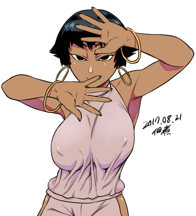 1girl, armpits, bangle, bare_shoulders, black_eyes, black_hair, bracelet, breasts