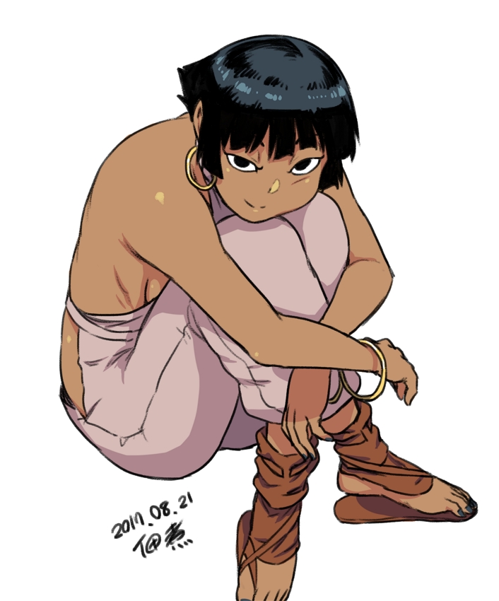 1girl, bangle, bare_shoulders, black_eyes, black_hair, bracelet, breasts, dark-skinned_female