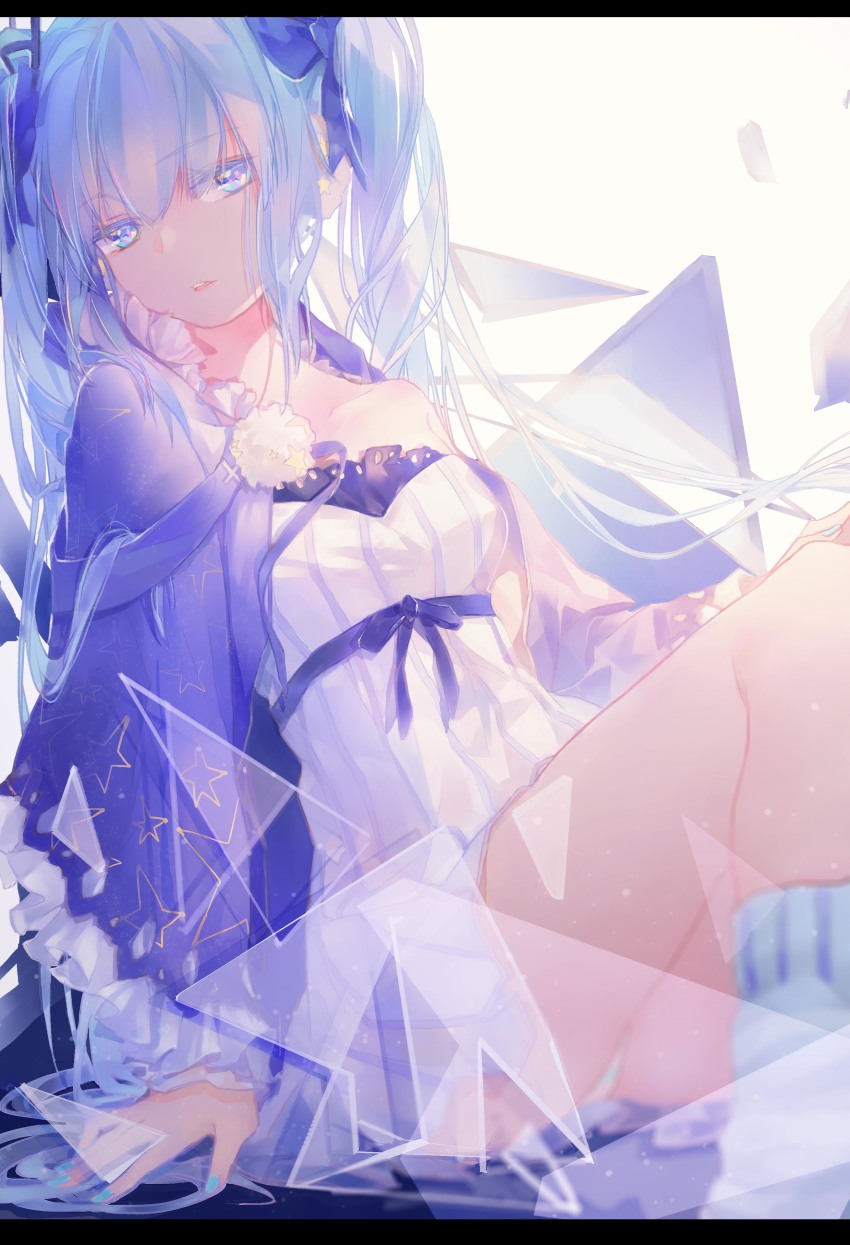 1girl, absurdres, arm_support, blue_bow, blue_eyes, blue_nails, bow, collarbone