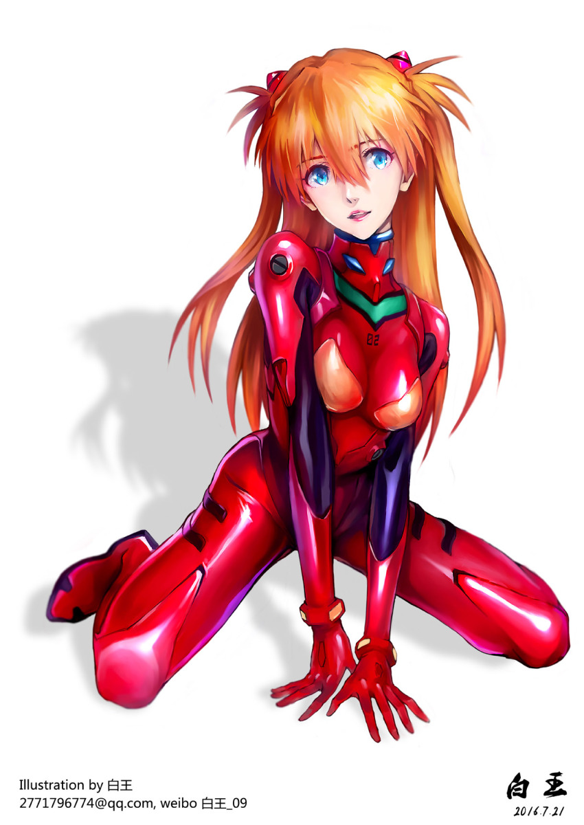 1girl, arm_support, artist_name, bai_wang, blue_eyes, bodysuit, breasts, dated, female_focus, full_body, hair_between_eyes, headgear, highres, long_hair, looking_away, mecha_pilot_suit, medium_breasts, neon_genesis_evangelion, orange_hair, parted_lips, plugsuit_(evangelion), red_bodysuit, red_lips, shadow, signature, simple_background, smile, solo, soryu_asuka_langley, souryuu_asuka_langley, spread_legs, turtleneck, white_background