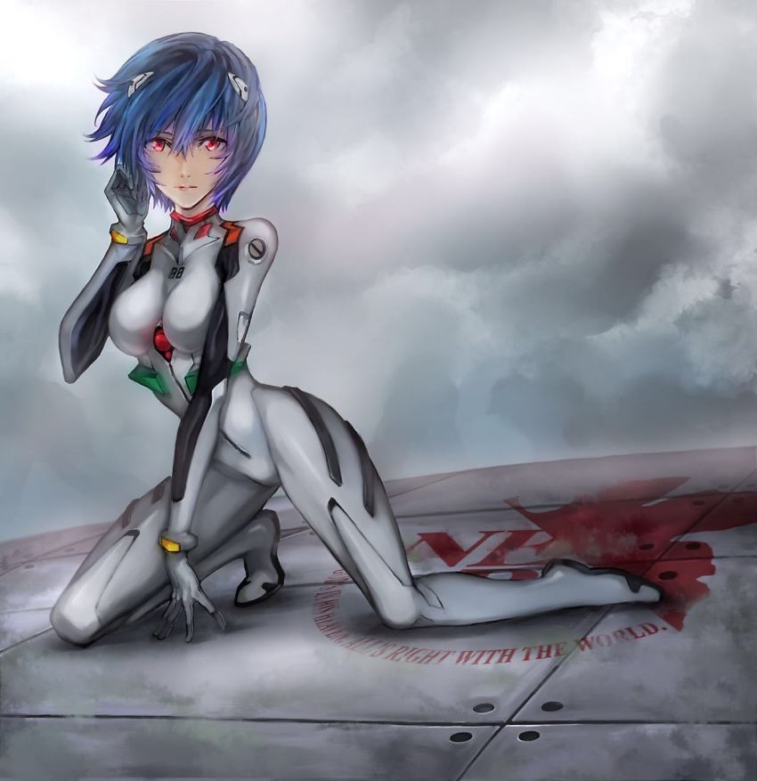 1girl, arm_support, ayanami_rei, bai_wang, blue_hair, bodysuit, breasts, closed_mouth, cloud, cloudy_sky, english_text, female_focus, full_body, grey_bodysuit, hand_to_head, headgear, highres, interface_headset_(evangelion), kneeling, looking_at_viewer, mecha_pilot_suit, medium_breasts, neon_genesis_evangelion, nerv, plugsuit_(evangelion), red_eyes, short_hair, sky, solo