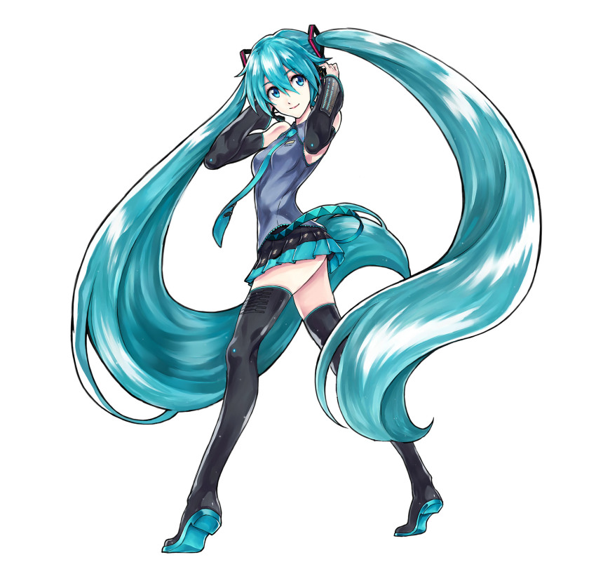 1girl, aqua_eyes, aqua_hair, aqua_necktie, aqua_skirt, ass, bai_wang, bare_shoulders