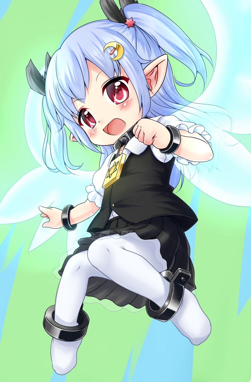 1girl, black_skirt, black_vest, blue_hair, blush, clenched_hand, fairy, fairy_wings, female_focus, hair_ornament, hairclip, highres, knees_together_feet_apart, leopon, long_hair, no_shoes, open_mouth, original, pantyhose, pointy_ears, red_eyes, ribbon, shirt, skirt, smile, solo, twintails, two_side_up, vest, white_pantyhose, white_shirt, wings
