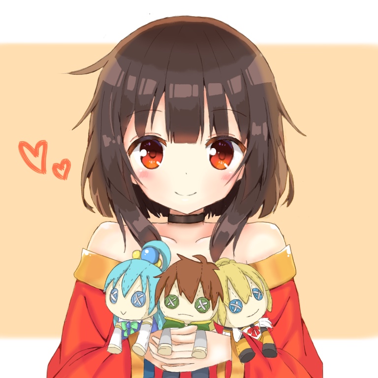 1girl, :>, aqua_(konosuba), bad_id, bad_pixiv_id, bare_shoulders, blush, brown_hair