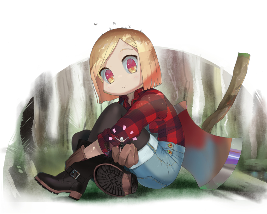 (stag), 2girls, axe, bandaged_arm, bandages, bird, black_legwear, blonde_hair