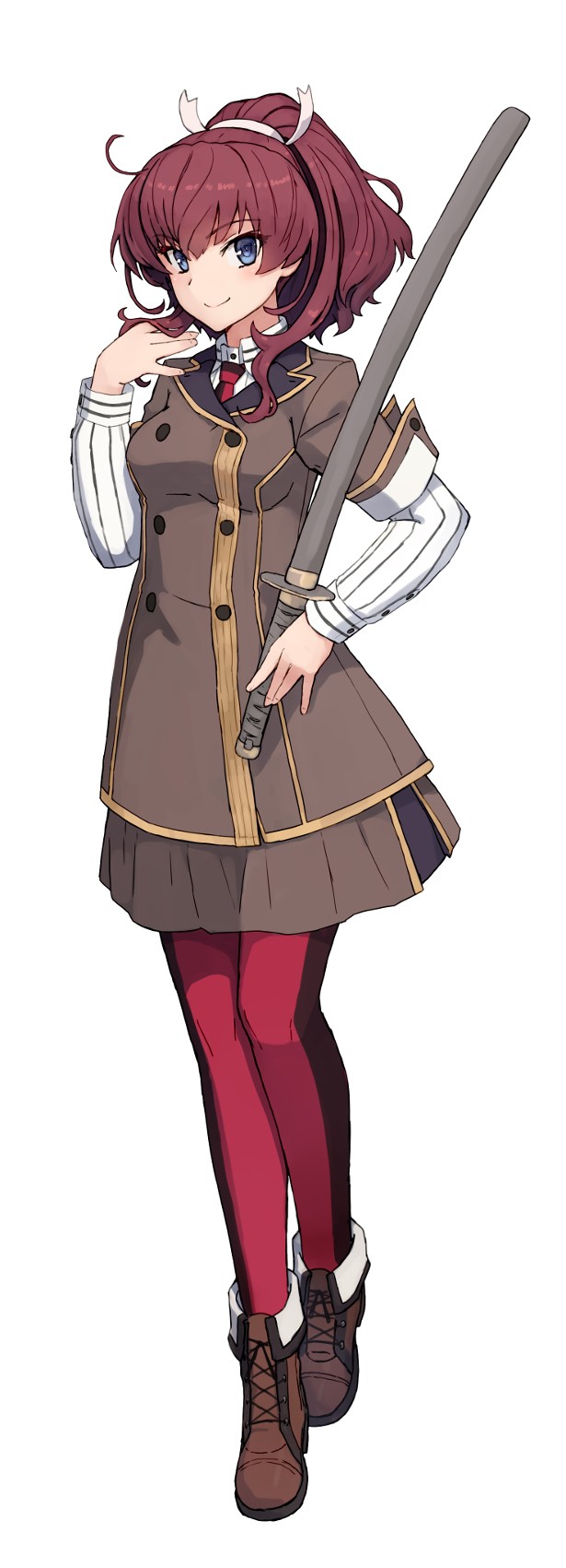 10s, 1girl, blue_eyes, brown_shoes, female_focus, full_body, highres, holding, holding_sword, holding_weapon, katana, konobana_suzuka, official_art, pantyhose, ponytail, red_hair, red_pantyhose, school_uniform, sheath, sheathed, shizuma_yoshinori, shoes, short_ponytail, smile, solo, standing, sword, toji_no_miko, tsurime, weapon, white_background