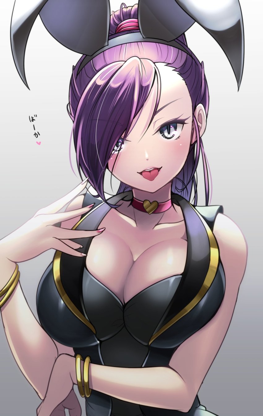 1girl, animal_ears, blush, bracelet, breasts, choker, cleavage, commentary_request, dragon_quest, dragon_quest_xi, fake_animal_ears, female_focus, fujiya_takao, gradient_background, grey_background, grey_eyes, heart, heart_choker, highres, jewelry, large_breasts, long_hair, looking_at_viewer, martina_(dq11), nail_polish, ponytail, purple_hair, rabbit_ears, sleeveless, solo, tongue, tongue_out, upper_body