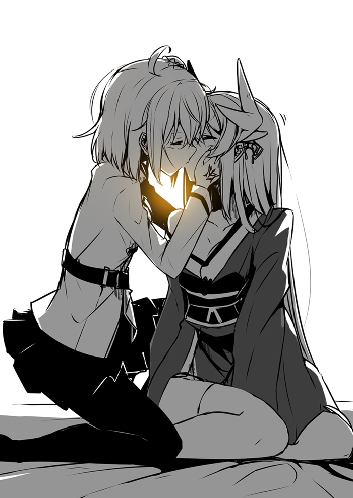 2girls, ahoge, black_pantyhose, breasts, cleavage, closed_eyes, fate/grand_order, fate_(series)