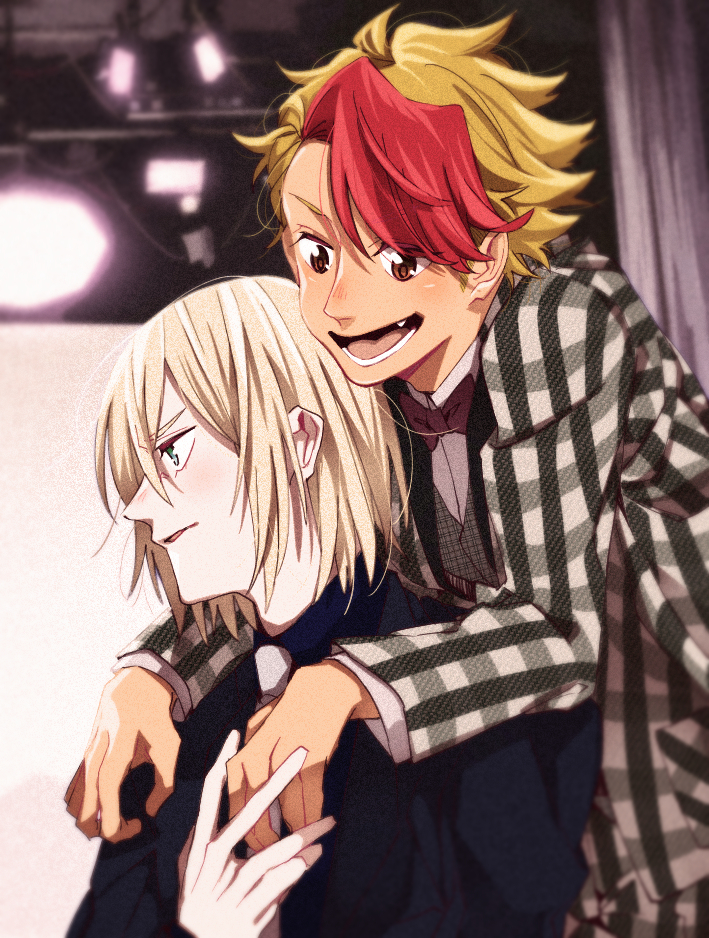 10s, 2boys, bad_id, bad_pixiv_id, blazer, blonde_hair, bow, bowtie