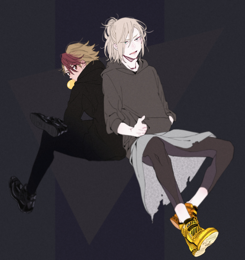 10s, 2boys, back-to-back, bad_id, bad_pixiv_id, blonde_hair, blowing_bubble_gum, blowing_bubbles, brown_eyes, chewing_gum, con_potata, crossed_legs, green_eyes, half_updo, highres, hood, hoodie, looking_back, male_focus, minami_kenjirou, multicolored_hair, multiple_boys, red_hair, shoes, sitting, sneakers, two-tone_hair, yuri!!!_on_ice, yuri_plisetsky