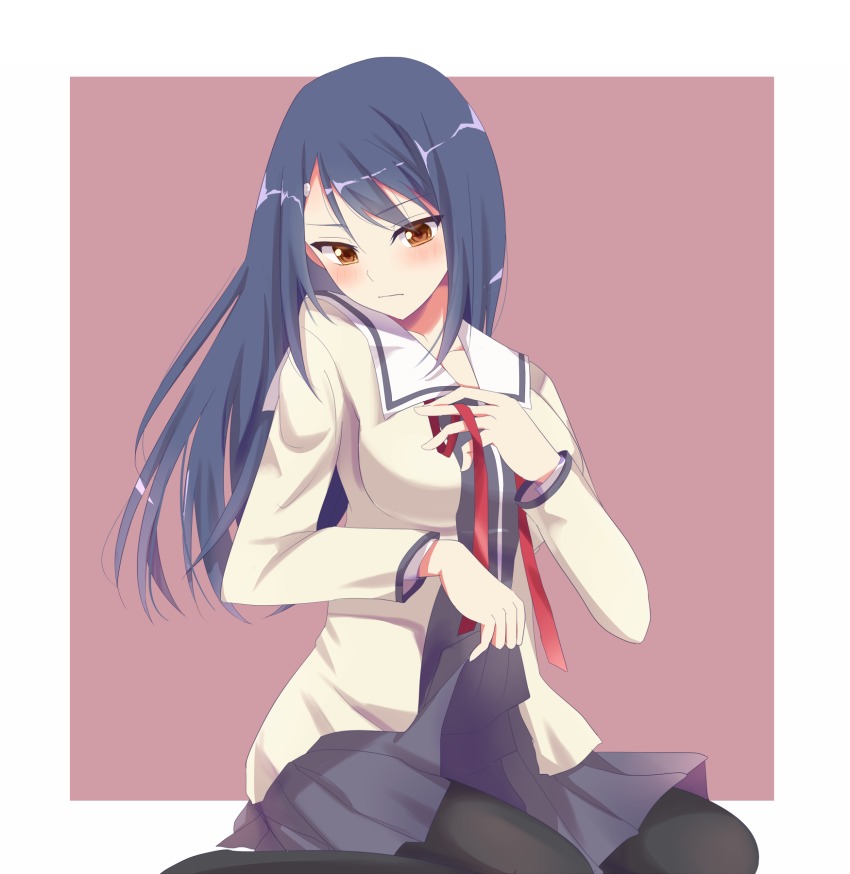 1girl, aho_girl, black_hair, black_pantyhose, blush, brown_eyes, clothes_lift, dress