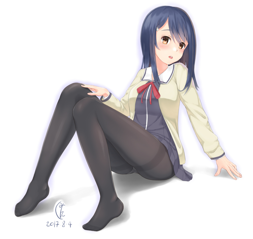 1girl, aho_girl, ass, black_pantyhose, blue_hair, blush, brown_eyes, cardigan