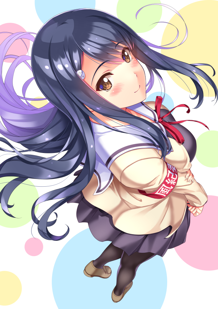 1girl, aho_girl, armband, black_hair, black_pantyhose, blush, brown_eyes, female_focus
