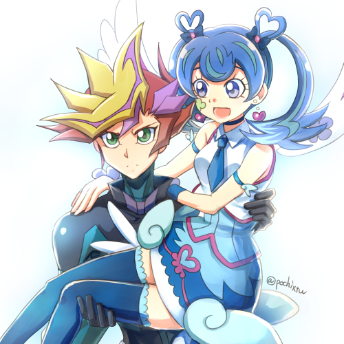 1boy, 1girl, blue_angel_(yu-gi-oh!), blue_eyes, blue_hair, carrying, dress, fujiki_yusaku