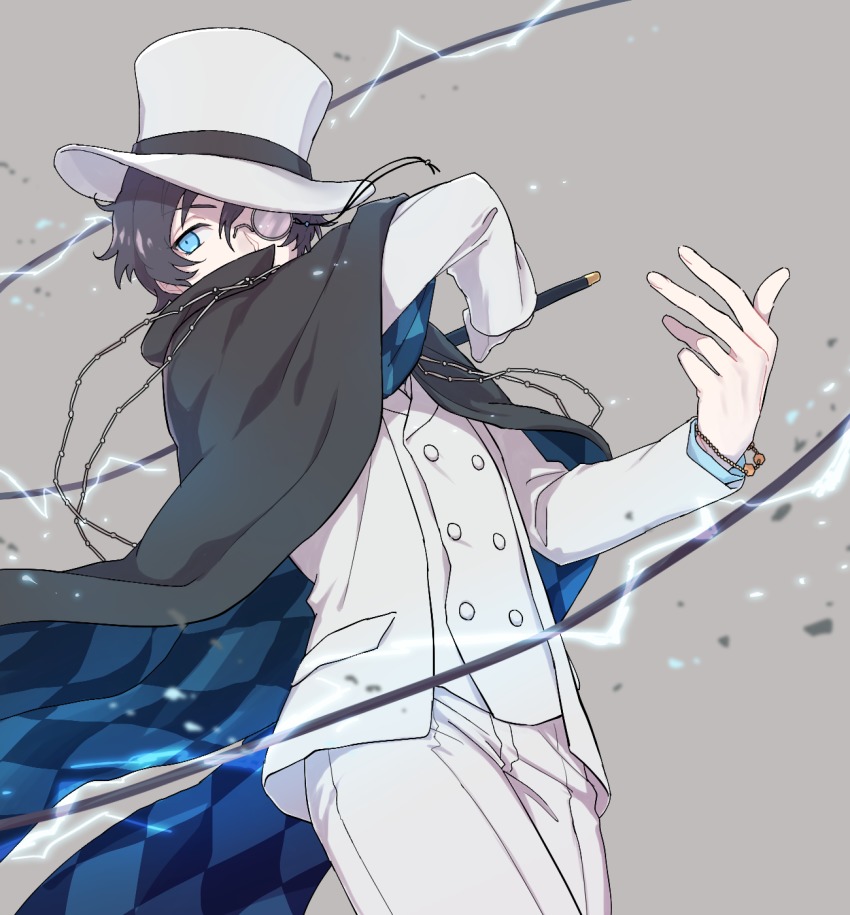 bad_id, bad_pixiv_id, black_cape, black_hair, blue_cape, blue_eyes, bracelet, bungou_to_alchemist, cape, checkered_cape, checkered_clothes, edogawa_ranpo_(bungou_to_alchemist), formal_clothes, grey_background, grey_hair, grey_pants, grey_suit, hat, highres, jewelry, male_focus, monocle, pants, suit, top_hat, whip, yadosumi