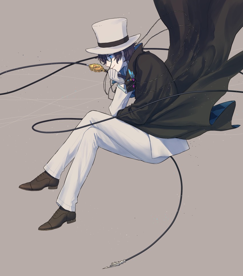 1boy, absurdres, bad_id, bad_pixiv_id, black_cape, black_hair, blue_eyes, boots