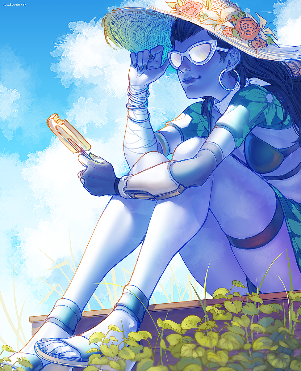 1girl, arm_tattoo, bikini, blue_sky, bracelet, colored_skin, cote_d'azur_widowmaker, day