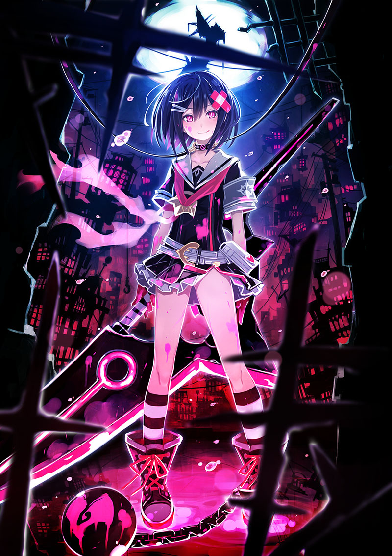 1girl, alice_(mary_skelter), black_hair, black_skirt, cityscape, closed_mouth, female_focus, hair_ornament