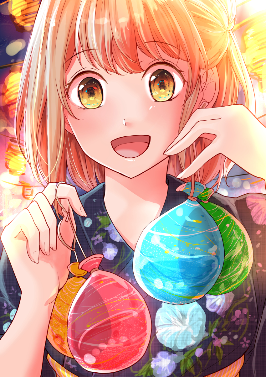 1girl, :d, absurdres, brown_eyes, female_focus, festival, floral_print, highres